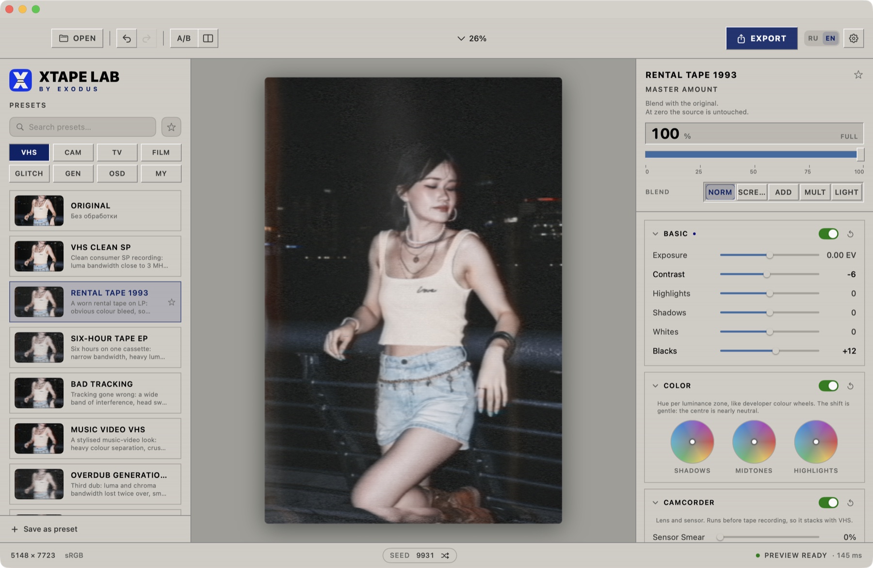 The XTAPE LAB window: preset library on the left, frame preview in the centre, parameter panel with colour wheels on the right